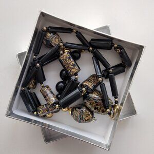 Vintage Lacquer Bead Black & Gold Necklace Marked Japan on Clasp